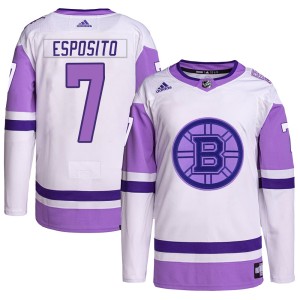 Men's Boston Bruins Phil Esposito Adidas Authentic Hockey Fights Cancer Primegreen Jersey - White/Purple