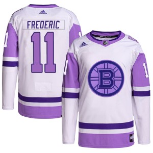 Men's Boston Bruins Trent Frederic Adidas Authentic Hockey Fights Cancer Primegreen Jersey - White/Purple
