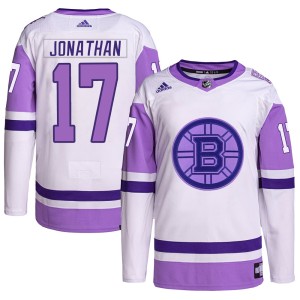 Men's Boston Bruins Stan Jonathan Adidas Authentic Hockey Fights Cancer Primegreen Jersey - White/Purple