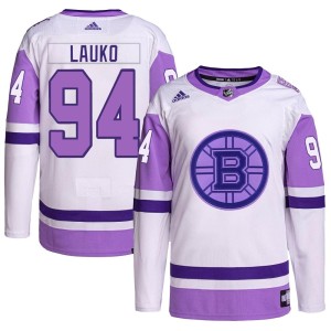 Men's Boston Bruins Jakub Lauko Adidas Authentic Hockey Fights Cancer Primegreen Jersey - White/Purple