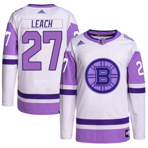 Men's Boston Bruins Reggie Leach Adidas Authentic Hockey Fights Cancer Primegreen Jersey - White/Purple