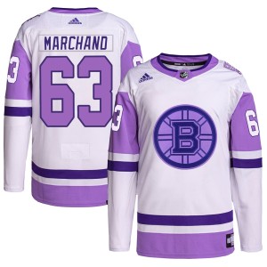 Men's Boston Bruins Brad Marchand Adidas Authentic Hockey Fights Cancer Primegreen Jersey - White/Purple