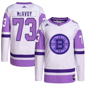 Men's Boston Bruins Charlie McAvoy Adidas Authentic Hockey Fights Cancer Primegreen Jersey - White/Purple