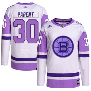Men's Boston Bruins Bernie Parent Adidas Authentic Hockey Fights Cancer Primegreen Jersey - White/Purple