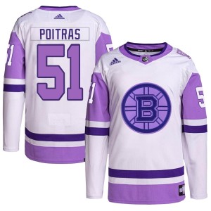 Men's Boston Bruins Matthew Poitras Adidas Authentic Hockey Fights Cancer Primegreen Jersey - White/Purple