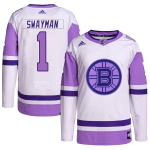 Men's Boston Bruins Jeremy Swayman Adidas Authentic Hockey Fights Cancer Primegreen Jersey - White/Purple