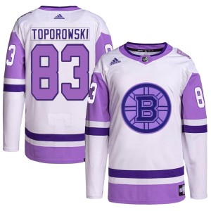 Men's Boston Bruins Luke Toporowski Adidas Authentic Hockey Fights Cancer Primegreen Jersey - White/Purple