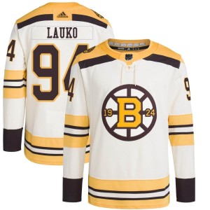 Youth Boston Bruins Jakub Lauko Adidas Authentic 100th Anniversary Primegreen Jersey - Cream