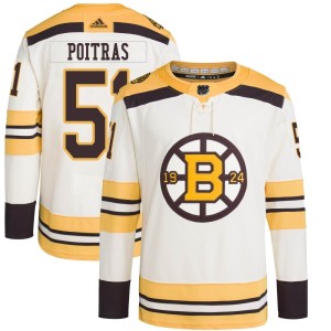 Youth Boston Bruins Matthew Poitras Adidas Authentic 100th Anniversary Primegreen Jersey - Cream