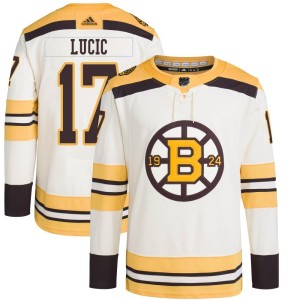 Men's Boston Bruins Milan Lucic Adidas Authentic 100th Anniversary Primegreen Jersey - Cream