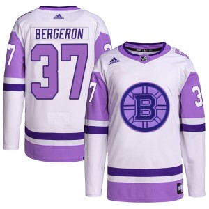 Youth Boston Bruins Patrice Bergeron Adidas Authentic Hockey Fights Cancer Primegreen Jersey - White/Purple
