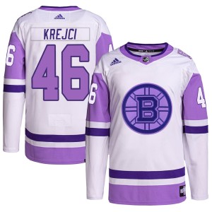 Youth Boston Bruins David Krejci Adidas Authentic Hockey Fights Cancer Primegreen Jersey - White/Purple