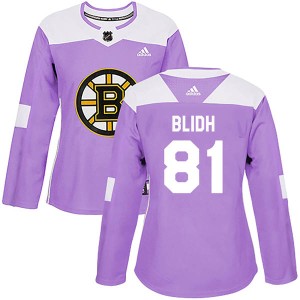 Women's Boston Bruins Anton Blidh Adidas Authentic Fights Cancer Practice Jersey - Purple