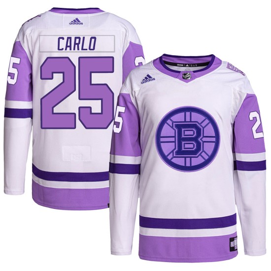 Youth Boston Bruins Brandon Carlo Adidas Authentic Hockey Fights Cancer Primegreen Jersey - White/Purple